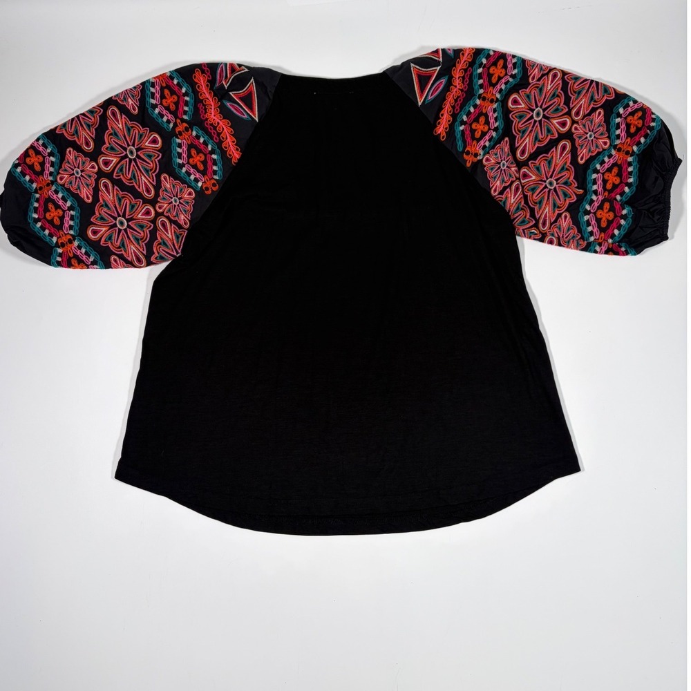 THML Embroidered Sleeve Top Medium Black Colorful Boho Puff Sleeve Cotton - Picture 3 of 5